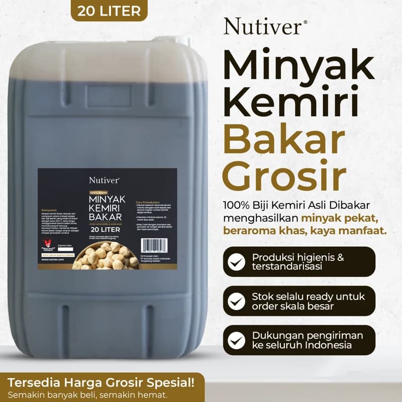 Kemasan minyak kemiri bakar Barooka 5 liter tampak label